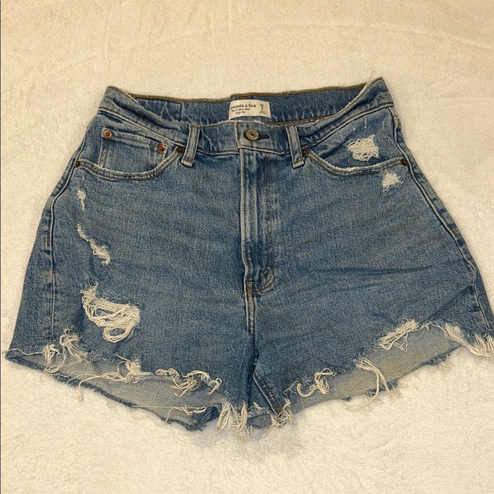 Abercrombie & Fitch Light Blue Distressed Denim Curve Love Shorts